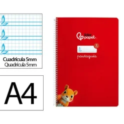 CUADERNO ESPIRAL LIDERPAPEL DIN A4 PAUTAGUIA TAPA DURA 80H 90 GR CUADRO PAUTADO 5MM COLOR ROJO