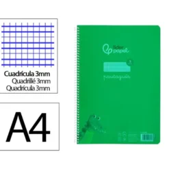CUADERNO ESPIRAL LIDERPAPEL DIN A4 PAUTAGUIA TAPA PLASTICO 80H 90GR CUADRO PAUTADO 3MM CON MARGEN COLOR VERDE