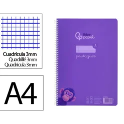 CUADERNO ESPIRAL LIDERPAPEL DIN A4 PAUTAGUIA TAPA PLASTICO 80H 90GR CUADRO PAUTADO 3MM CON MARGEN COLOR LILA