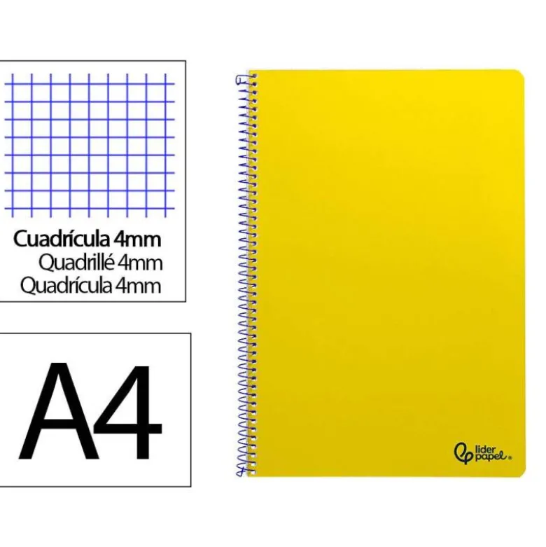 CUADERNO ESPIRAL LIDERPAPEL DIN A4 SMART TAPA BLANDA 80H 75GR CUADRO 4MM CON MARGEN COLOR AMARILLO