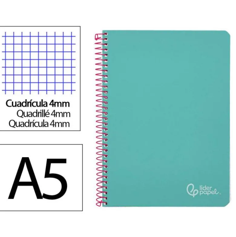 CUADERNO ESPIRAL LIDERPAPEL DIN A5 WITTY TAPA DURA 80H 90GR CUADRO 4MM CON MARGEN COLOR TURQUESA