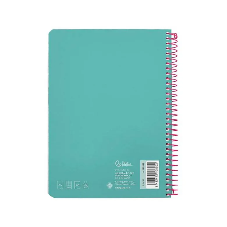 CUADERNO ESPIRAL LIDERPAPEL DIN A5 WITTY TAPA DURA 80H 90GR CUADRO 4MM CON MARGEN COLOR TURQUESA