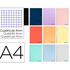 Cuaderno espiral Liderpapel DIN A4 Tapa plástico Cuadricula 4 mm 80H 90 g/m2 Con margen Colores surtidos (no se puede elegir)