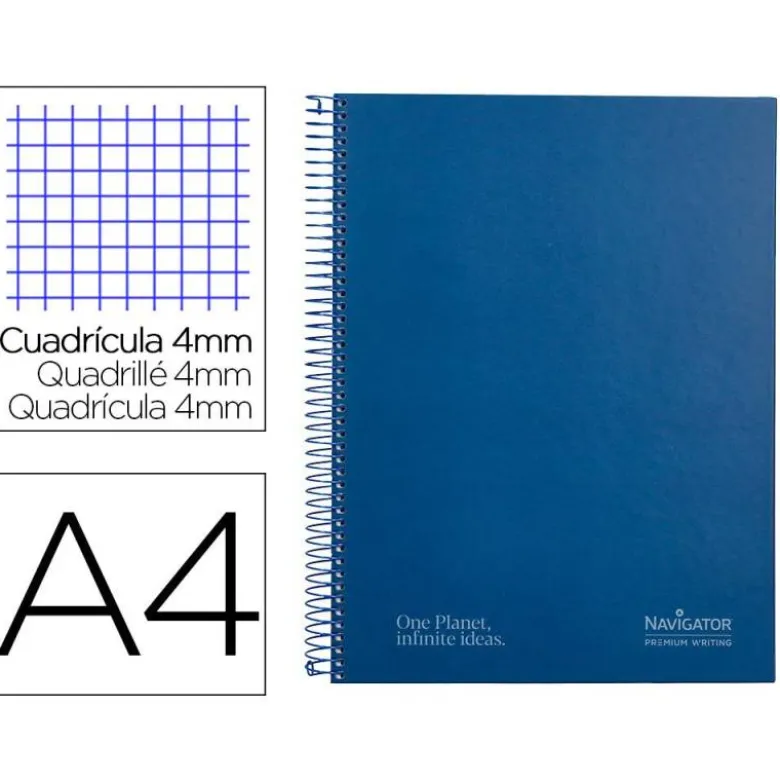 CUADERNO ESPIRAL NAVIGATOR A4 TAPA DURA 80H 80GR CUADRO 4MM CON MARGEN AZUL MARINO