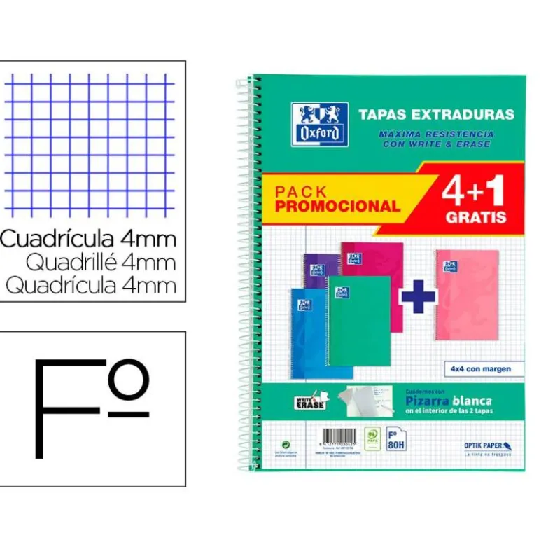 Cuaderno espiral oxford tapa extradura folio 80 hojas cuadro 4 mm con pizarra blancapack 4+1 colores surtidos
