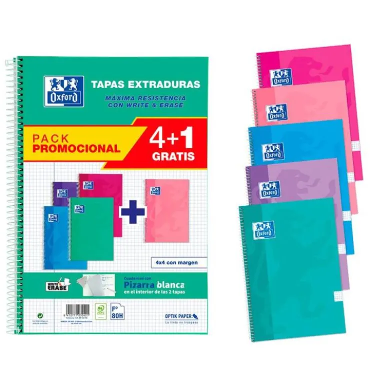 Cuaderno espiral oxford tapa extradura folio 80 hojas cuadro 4 mm con pizarra blancapack 4+1 colores surtidos