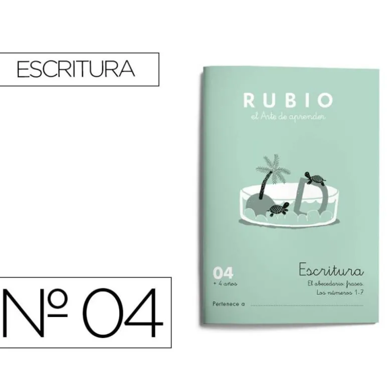 Cuaderno Rubio Escritura nº 04 Abecedario, frases y números: 4, 5, 6, 7, 8, 9 y 0 con puntos, dibujos y grecas