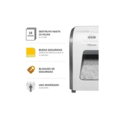 DESTRUCTORA DE DOCUMENTOS FELLOWES 15C CAPACIDAD 15H SEGURIDAD P4 GRAPAS CLIPS Y TARJETAS PAPELERA 19 L