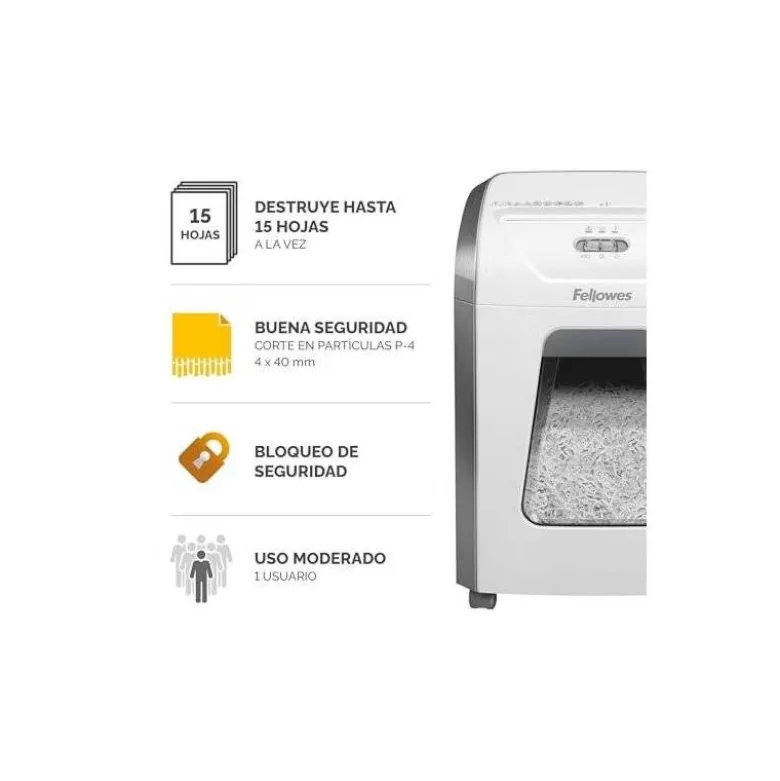 DESTRUCTORA DE DOCUMENTOS FELLOWES 15C CAPACIDAD 15H SEGURIDAD P4 GRAPAS CLIPS Y TARJETAS PAPELERA 19 L