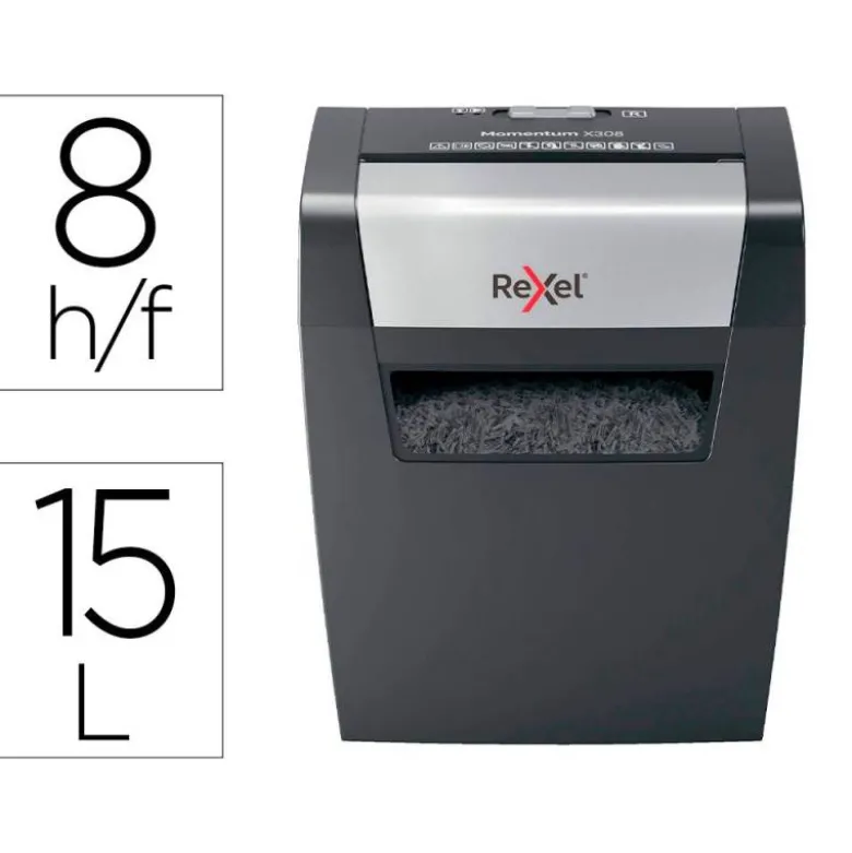 DESTRUCTORA DE DOCUMENTOS REXEL MOMENTUM X308 CAPACIDAD DE CORTE 8 HOJAS DESTRUYE GRAPAS Y CLIPS 15 LITROS