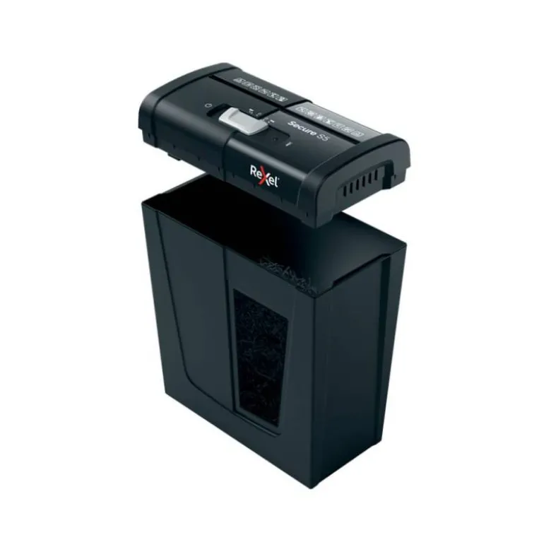 DESTRUCTORA DE DOCUMENTOS REXEL SECURE S5 EU CAPACIDAD 5 HOJAS GRAPAS CLIPS TARJETAS Y CD PAPELERA 10 L