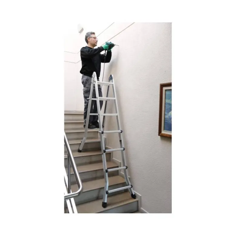 ESCALERA TELESCOPICA DE ACERO Y ALUMINIO DE 4+4 PELDAÑOS CON TAPA FINAL PVC ANTIDESLIZANTE EN131-4