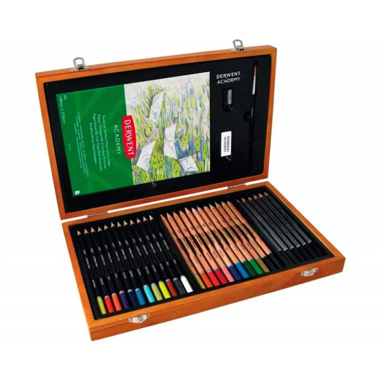 ESTUCHE DE PINTURA DERWENT ACADEMY MADERA LAPICES DE COLORES 35 PIEZAS