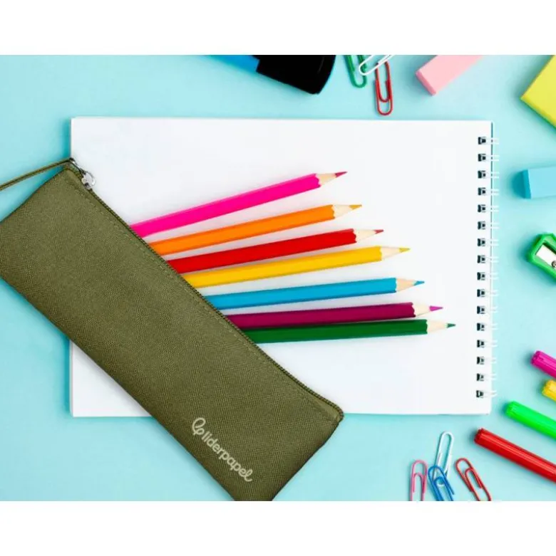 ESTUCHE PORTATODO LIDERPAPEL PLANO ESTRECHO UNA CREMALLERA 200X60 MM VERDE MILITAR