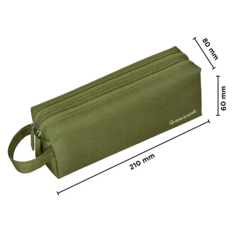 ESTUCHE PORTATODO LIDERPAPEL CLASSIC RECTANGULAR CON ASA 2 CREMALLERAS 210 X80MM VERDE MILITAR