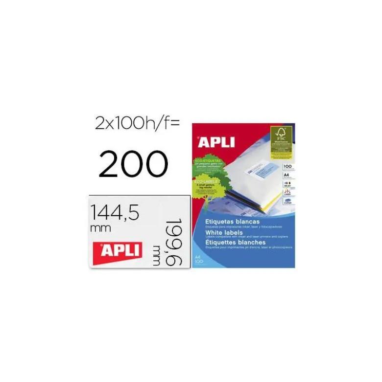 Etiqueta adhesiva Apli 2423 Fotocopiadora Laser Ink-jet DIN A4 Caja de 100 hojas