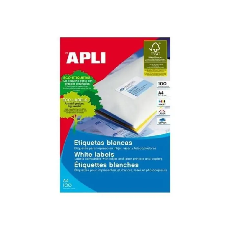 Etiqueta adhesiva Apli 2423 Fotocopiadora Laser Ink-jet DIN A4 Caja de 100 hojas