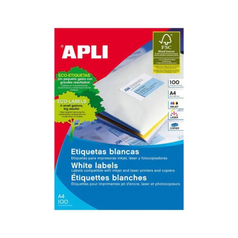 Etiqueta adhesiva Apli 2423 Fotocopiadora Laser Ink-jet DIN A4 Caja de 100 hojas