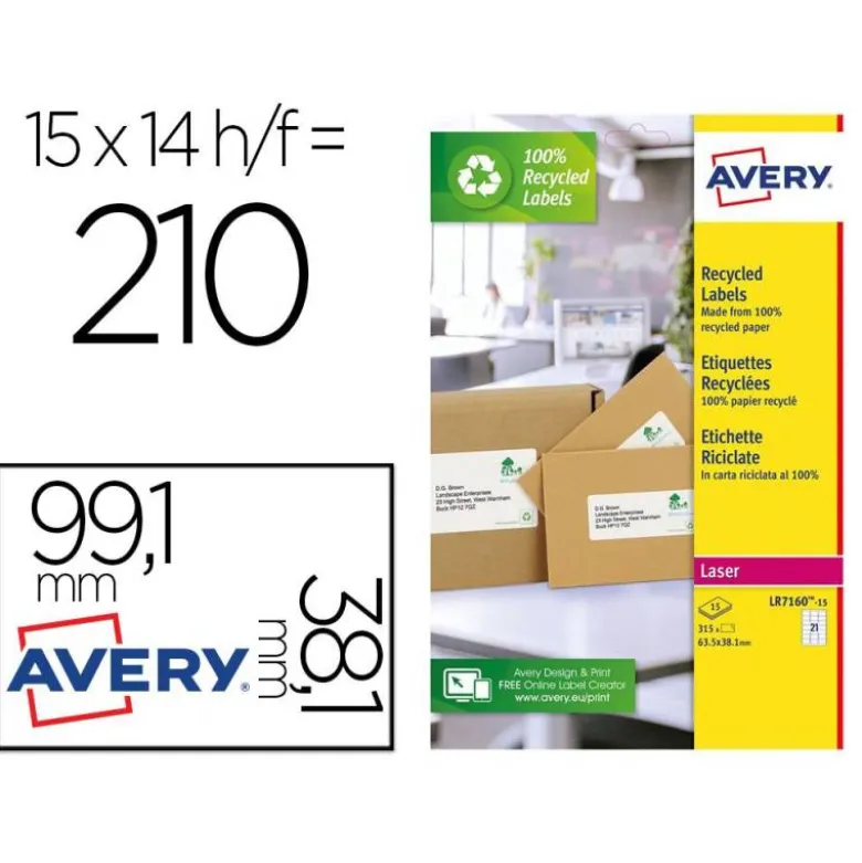 ETIQUETA ADHESIVA AVERY BLANCA PERMANENTE RECICLADA 100% PARA IMPRESORA LASER 99,1X38,1 MM CAJA DE 210