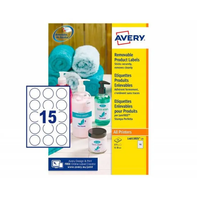 ETIQUETA ADHESIVA AVERY BLANCA REDONDA REMOVIBLE PARA IMPRESORA LASER INYECCION TINTA FOTOCOPIADORA 51 MM