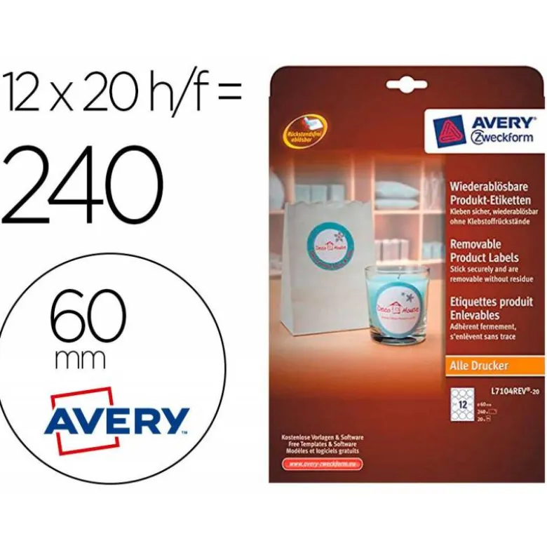 ETIQUETA ADHESIVA AVERY BLANCA REDONDA REMOVIBLE PARA IMPRESORA LASER INYECCION TINTA FOTOCOPIADORA 60 MM