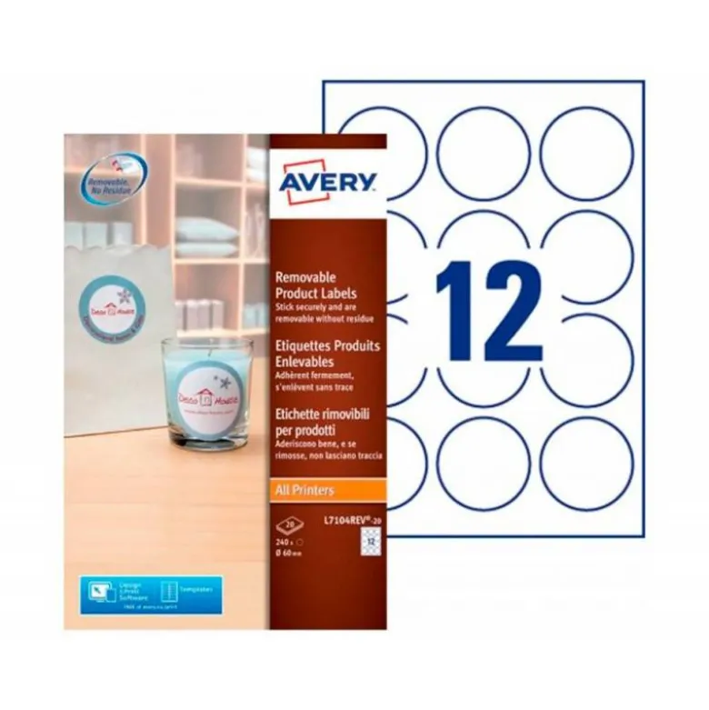 ETIQUETA ADHESIVA AVERY BLANCA REDONDA REMOVIBLE PARA IMPRESORA LASER INYECCION TINTA FOTOCOPIADORA 60 MM