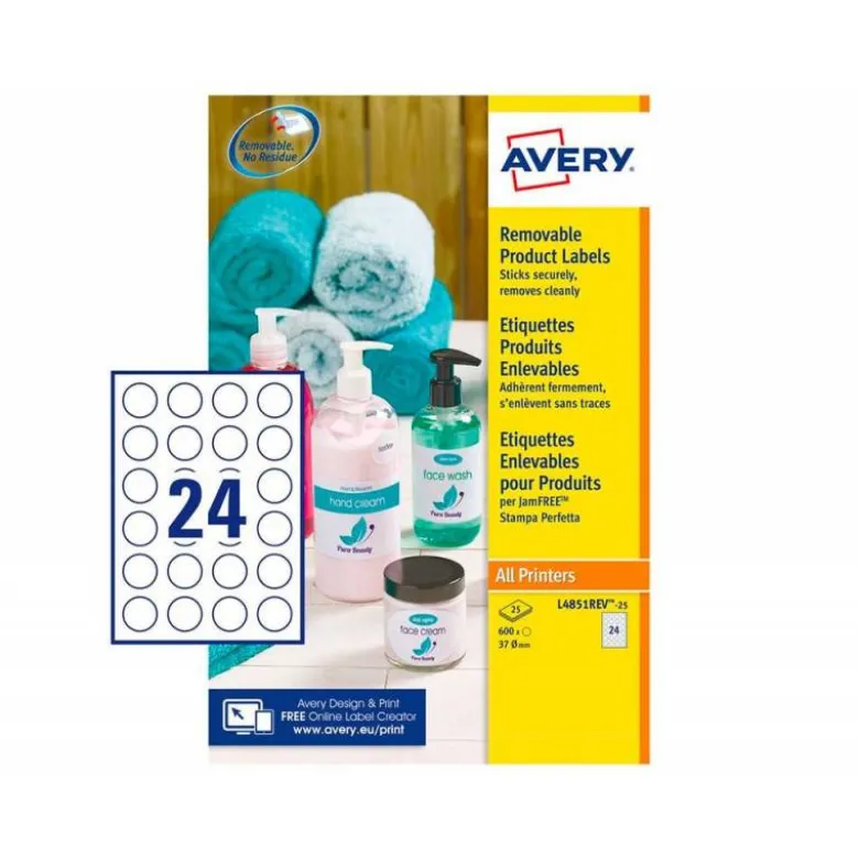 ETIQUETA ADHESIVA AVERY BLANCA REDONDA REMOVIBLE PARA IMPRESORA LASER INYECCION TINTA FOTOCOPIADORA 37 MM