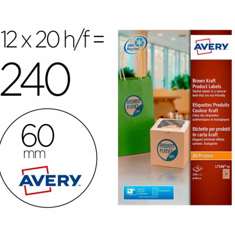 ETIQUETA ADHESIVA AVERY KRAFT EFECTO CARTON REDONDA REMOVIBLE PARA IMPRESORA LASER INYECCION TINTA