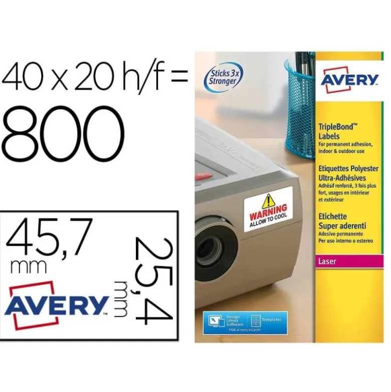 ETIQUETA ADHESIVA AVERY POLIESTER SUPER ADHERENTE BLANCA 45,7X25,4 MM IMPRESORA LASER PACK DE 800 UNIDADES