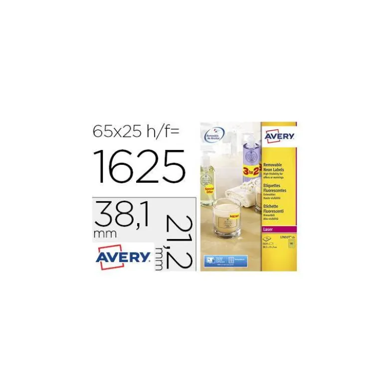Etiqueta adhesiva Avery 38,1x21,2 mm Amarillo fluorescente Removible caja 1625 unidades