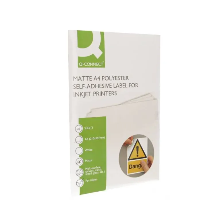ETIQUETA ADHESIVA Q-CONNECT POLIESTER A4 BLANCO MATE PARA IMPRESORAS INKJET PACK CON 20 HOJAS