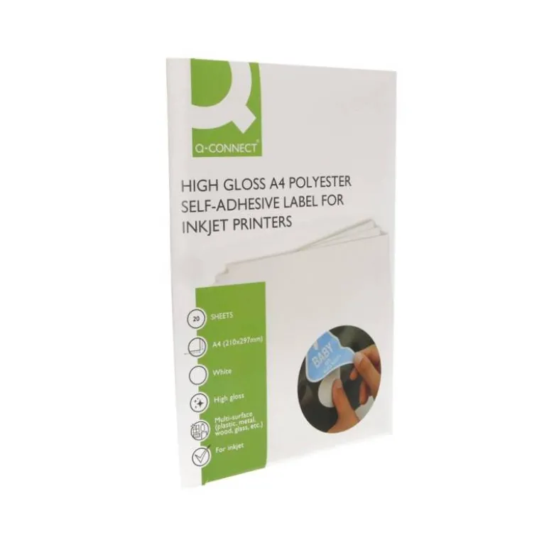 ETIQUETA ADHESIVA Q-CONNECT POLIESTER A4 BLANCO ALTO BRILLO PARA IMPRESORAS INKJET PACK CON 20 HOJAS