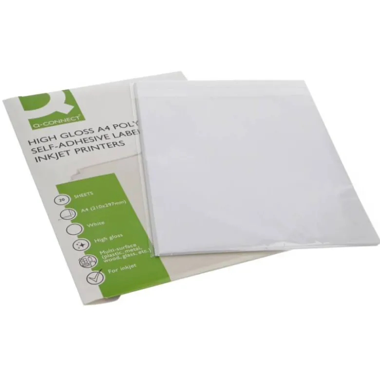 ETIQUETA ADHESIVA Q-CONNECT POLIESTER A4 BLANCO ALTO BRILLO PARA IMPRESORAS INKJET PACK CON 20 HOJAS