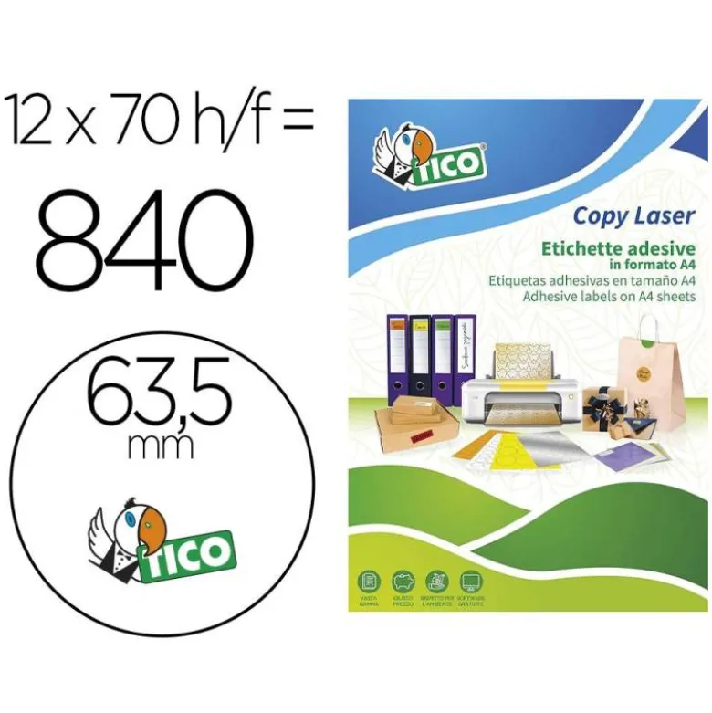 ETIQUETA ADHESIVA TICO AMARILLO FLUOR PERMANENTE FSC LASER/INKJET/FOTOCOPIA REDONDA 63,5 MM CAJA DE 840 UNIDADES