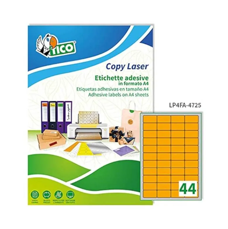 ETIQUETA ADHESIVA TICO NARANJA FLUOR PERMANENTE FSC LASER/INKJET/FOTOCOPIA 47,5X 25,5 MM CAJA DE 3080 UNIDADES