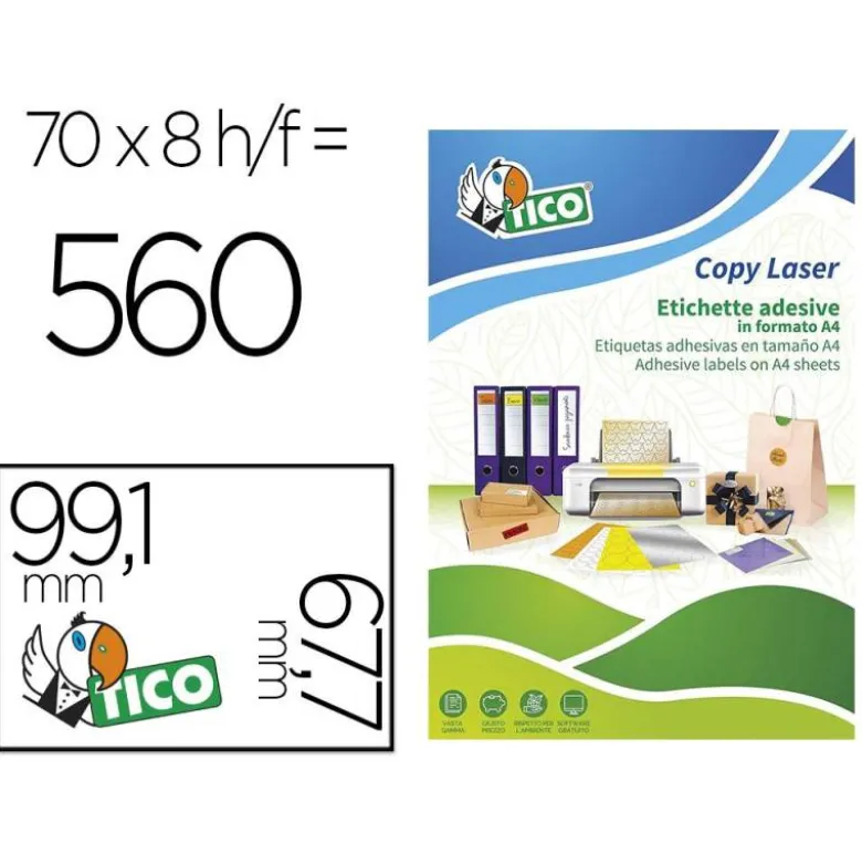 ETIQUETA ADHESIVA TICO NARANJA FLUOR PERMANENTE FSC LASER/INKJET/FOTOCOPIA 99,1X 67,7 MM CAJA DE 560 UNIDADES