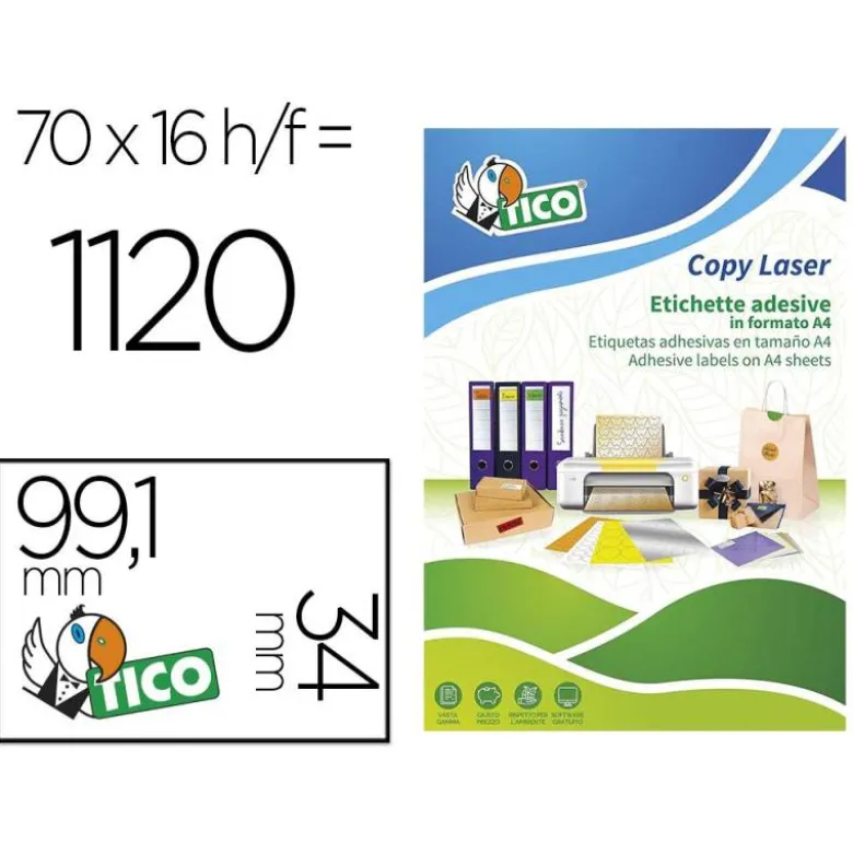 ETIQUETA ADHESIVA TICO NARANJA FLUOR PERMANENTE FSC LASER/INKJET/FOTOCOPIA 99,1X34 MM CAJA DE 1120 UNIDADES