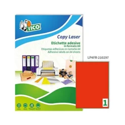 ETIQUETA ADHESIVA TICO ROJO FLUOR PERMANENTE FSC LASER/ INKJET/FOTOCOPIA 210X297 MM CAJA DE 70 UNIDADES