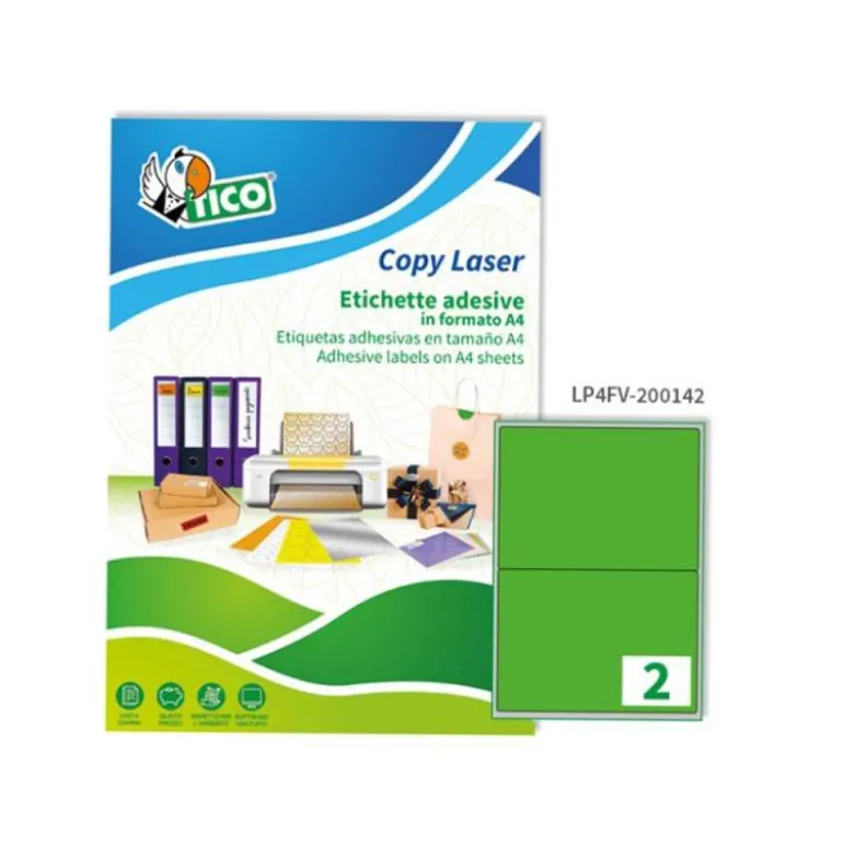 ETIQUETA ADHESIVA TICO VERDE FLUOR PERMANENTE FSC LASER/ INKJET/FOTOCOPIA 200X142 MM CAJA DE 140 UNIDADES