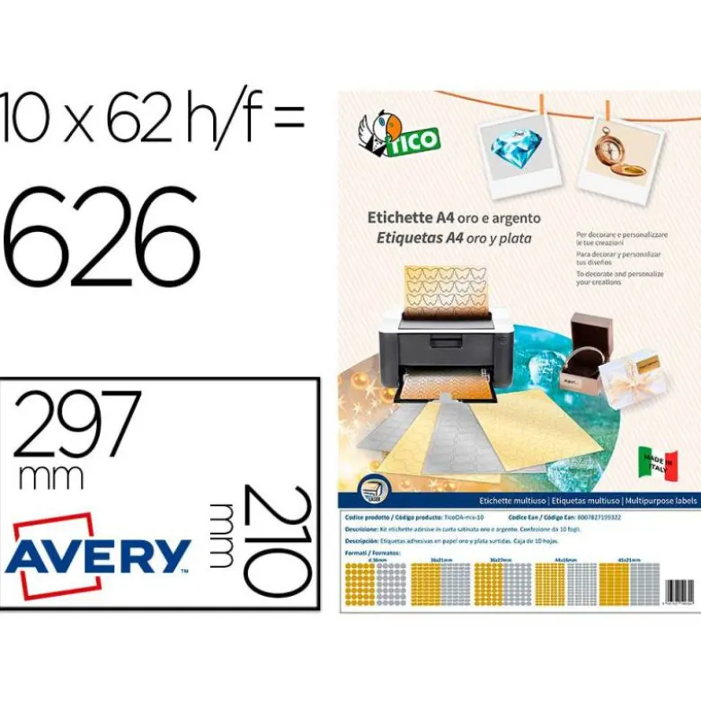 ETIQUETA ADHESIVA AVERY TICO PAPEL SATINADO ORO / PLATA LASER MEDIDAS SURTIDAS PACK DE 626 ETIQUETAS