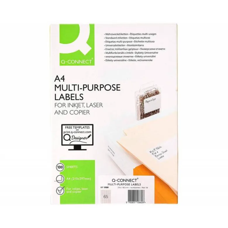 Etiqueta adhesiva Q-Connect kf01581 tamaño 38,1x21,2mm fotocopiadora laser ink-jet. Caja100 hojas A4.