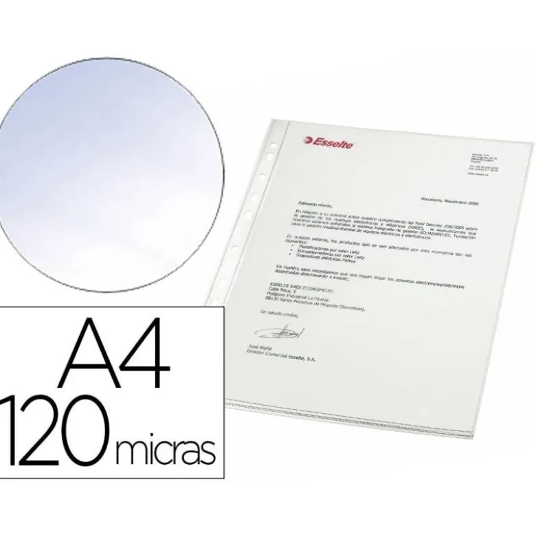 FUNDA MULTITALADRO ESSELTE DIN A4 POLIPROPILENO CRISTAL 120 MC CAJA DE 100 UNIDADES