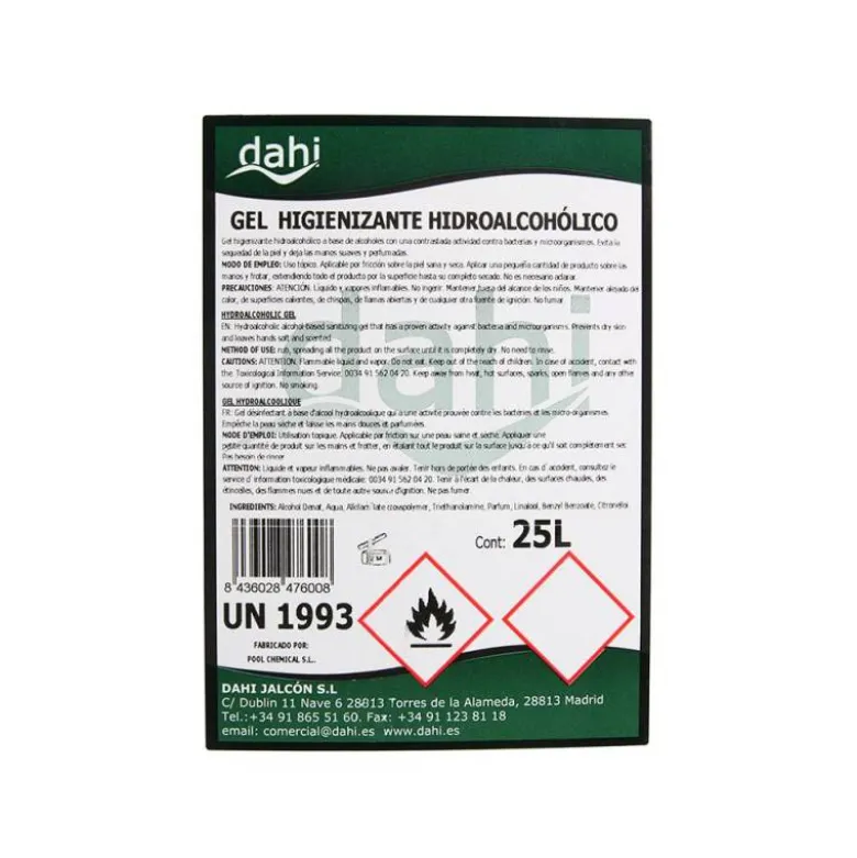 GEL HIDROALCOHOLICO DAHI HIGIENIZANTE PARA MANOS GARRAFA DE 25 LITROS