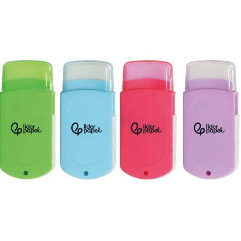 GOMA LIDERPAPEL RECTANGULAR CON PROTECTOR PLASTICO SACAPUNTAS 2 USOS Y CEPILLO COLORES SURTIDOS