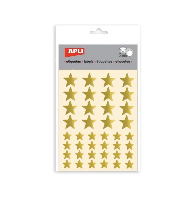Gomets Apli estrella oro. Bolsa con 3 hojas y 120 gomets.