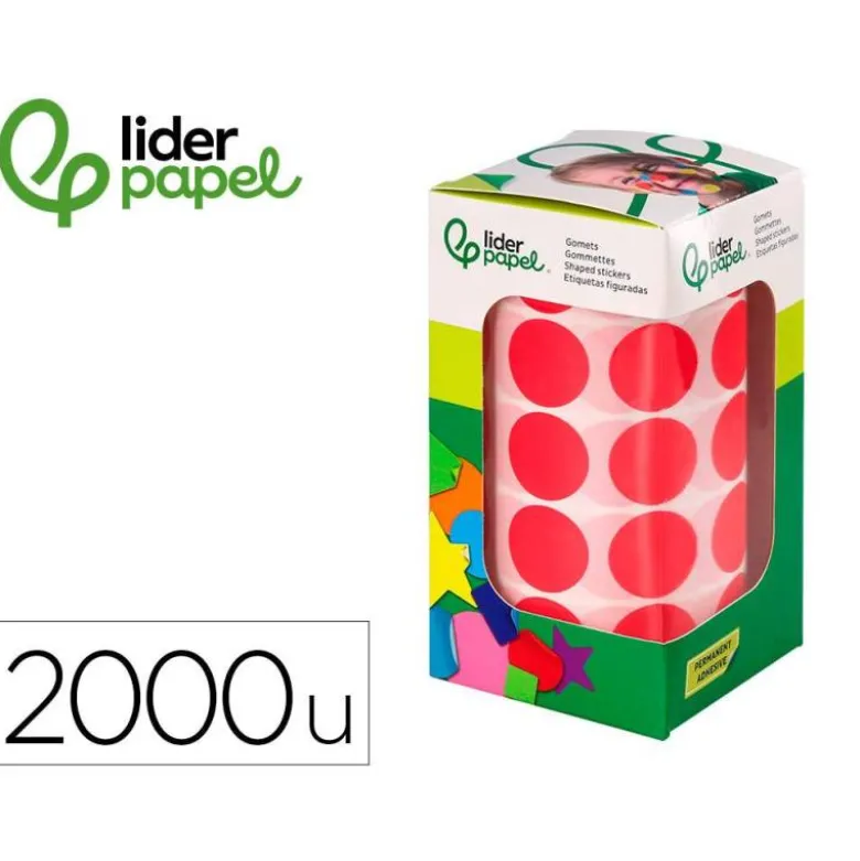 GOMETS LIDERPAPEL AUTOADHESIVO S CIRCULOS 20 MM ROJO ROLLO DE 2000 UNIDADES EN CAJA DE CARTON