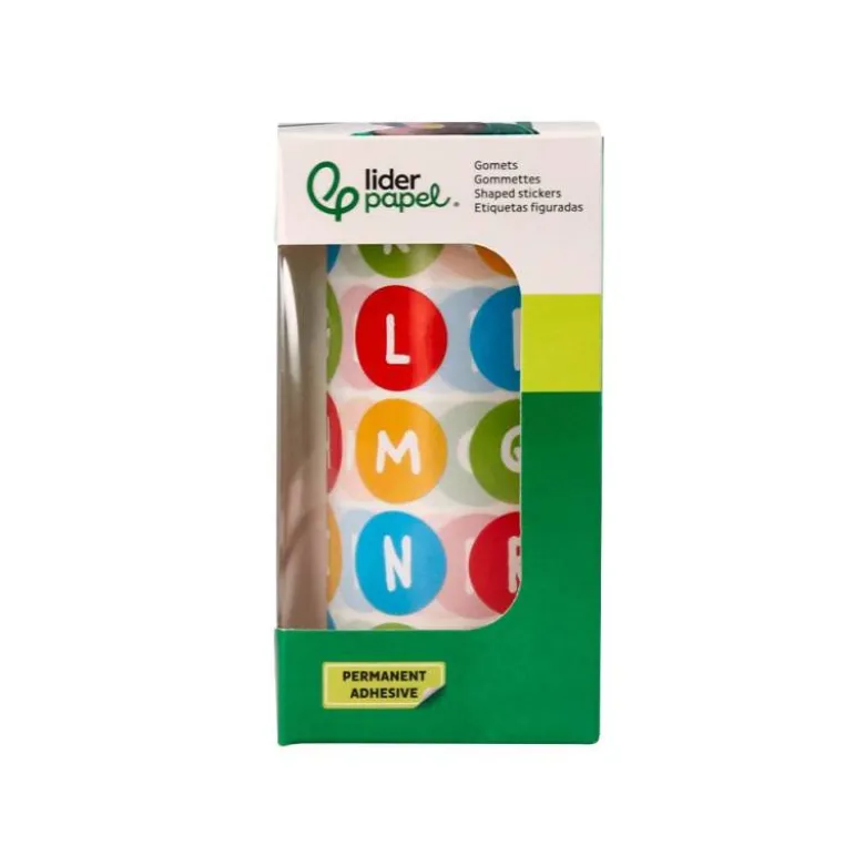 GOMETS LIDERPAPEL AUTOADHESIVO S REDONDO ABECEDARIO 20 MM COLORES SURTIDOS ROLLO DE 1000 UNIDADES EN CAJA DE CARTON