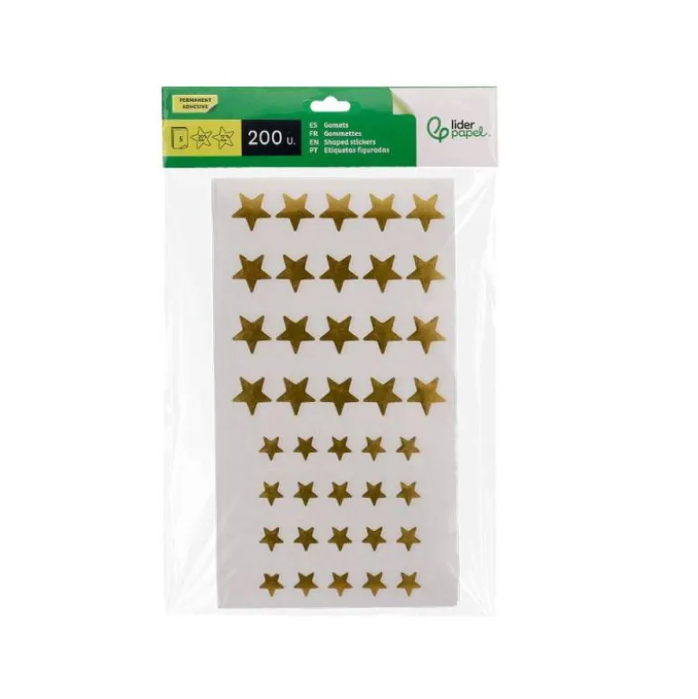 GOMETS LIDERPAPEL AUTOADHESIVO S ESTRELLAS DORADAS SURTIDAS BOLSA DE 5 HOJAS CON 200 UNIDADES