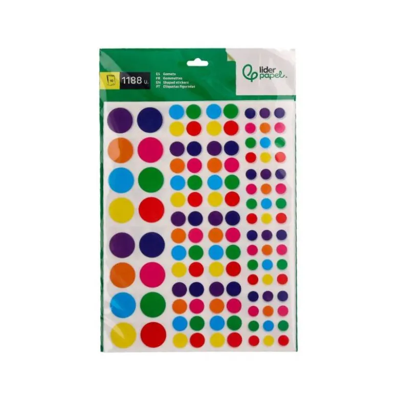 GOMETS LIDERPAPEL AUTOADHESIVO FIGURAS DE COLORES Y TAMAÑOS SURTIDOS BOLSA DE 10 HOJAS 1188 UNIDADES