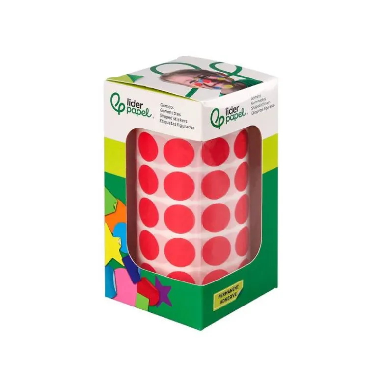 GOMETS LIDERPAPEL AUTOADHESIVO S CIRCULOS 15 MM ROJO ROLLO DE 2500 UNIDADES EN CAJA DE CARTON